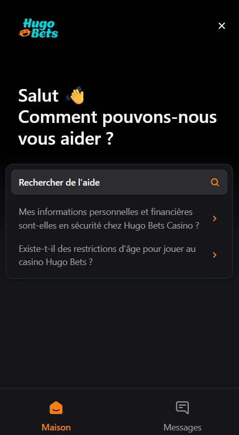 HugoBets Casino interface FAQ avec recherche et options de support visibles