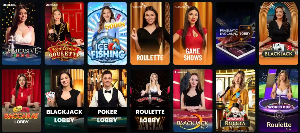 HugoBets Casino sélection de jeux live avec roulette, blackjack, poker et jeux télévisés