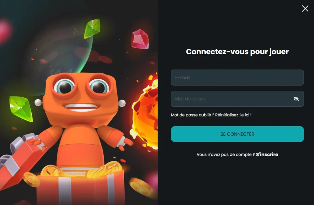HugoBets Casino formulaire de connexion avec e-mail, mot de passe et bouton pour jouer