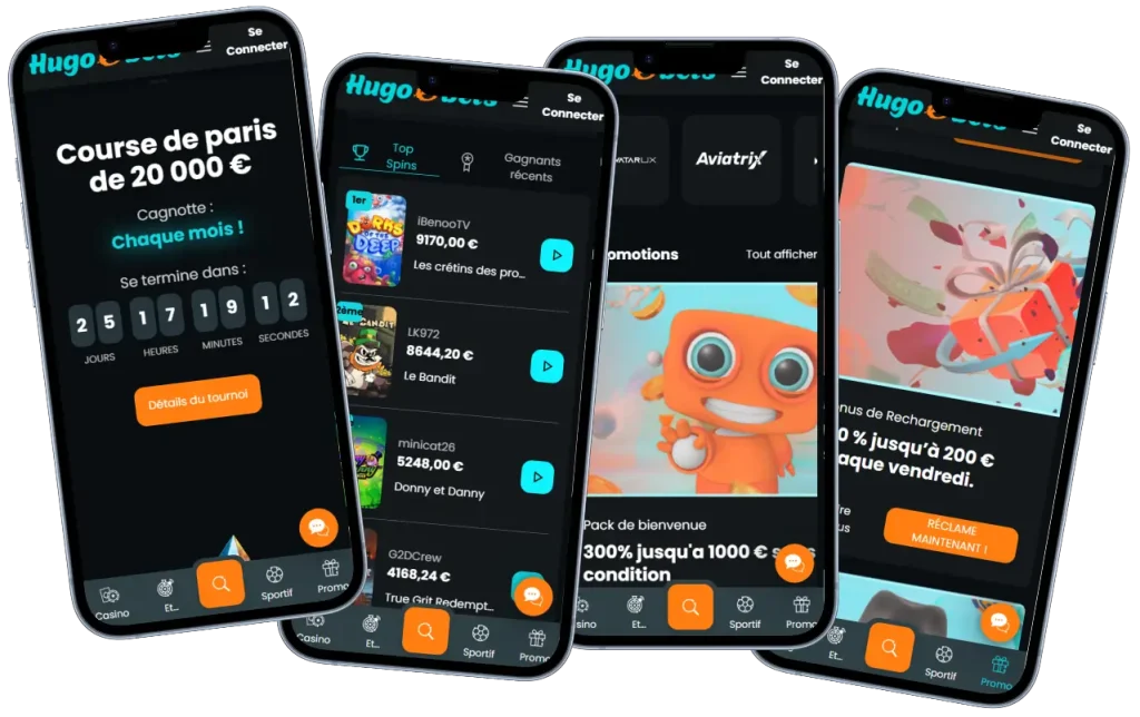 HugoBets Casino interface mobile montrant tournoi, top spins, promotions et bonus