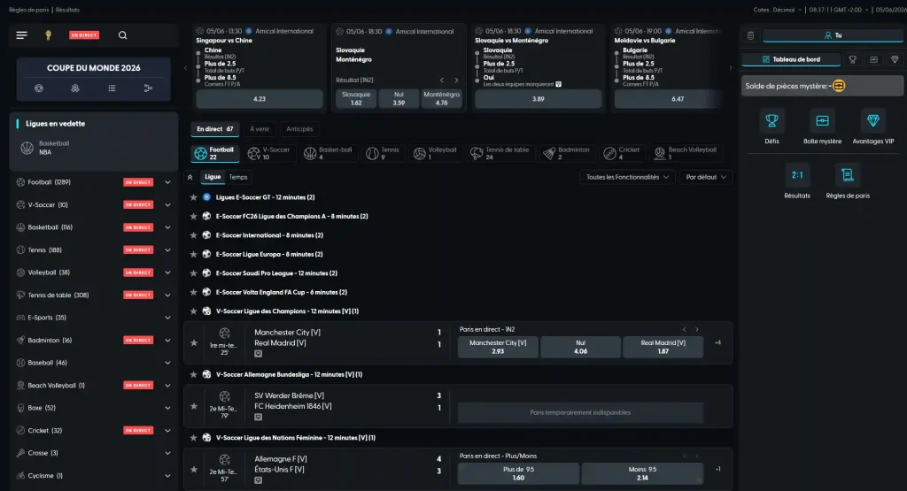 HugoBets Casino interface de paris sportifs en direct avec football, cotes et tableau de bord